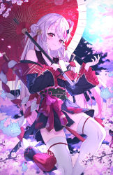 Rule 34 | 1girl, :3, absurdres, bare shoulders, bell, black kimono, blush, closed mouth, commentary request, day, fang, fang out, feet out of frame, flower, frilled sleeves, frills, grey hair, hair bell, hair bun, hair ornament, highres, holding, holding umbrella, hololive, horns, japanese clothes, jingle bell, katana, kimono, long hair, long sleeves, masaki (msk064), multicolored hair, nakiri ayame, nakiri ayame (1st costume), off shoulder, oil-paper umbrella, oni, outdoors, pink flower, red eyes, red hair, red umbrella, single side bun, skin-covered horns, sleeves past wrists, smile, solo, streaked hair, sword, thighhighs, umbrella, very long hair, virtual youtuber, weapon, white thighhighs, wide sleeves