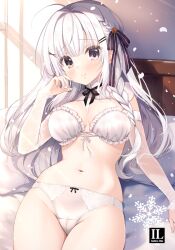 Rule 34 | 1girl, ahoge, bare shoulders, bed, black bow, blush, bow, bow panties, bra, braid, breasts, closed mouth, commentary request, detached sleeves, frilled bra, frills, grey eyes, hair between eyes, hair bow, hair intakes, hair ornament, hairclip, hand up, long hair, long sleeves, looking at viewer, medium breasts, mitha, navel, on bed, original, panties, pillow, see-through, sleeves past wrists, smile, solo, underwear, underwear only, very long hair, white bra, white panties
