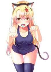 Rule 34 | 1girl, animal ears, attsun (atsushi jb), black thighhighs, blonde hair, blush, breasts, candy, cat ears, cat tail, character request, collarbone, ear piercing, fake animal ears, fake tail, fang, food, food in mouth, lollipop, long hair, one-piece swimsuit, open mouth, paw pose, piercing, school swimsuit, seifuku!, simple background, solo, star (symbol), swimsuit, tail, thigh gap, thighhighs, yellow eyes