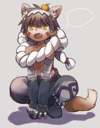Rule 34 | 1boy, animal ears, bad id, bad pixiv id, beige background, brown hair, dark skin, dark-skinned male, dog ears, dog tail, extra ears, fang, full body, highres, made in abyss, male focus, okuragon, open mouth, regu (made in abyss), simple background, solo, squatting, tail, yellow eyes