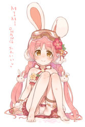 Rule 34 | 1girl, 7010, animal ears, animal hat, barefoot, braid, brown eyes, casual one-piece swimsuit, fake animal ears, feet, flower, goggles, goggles on head, hair flower, hair ornament, hat, knees up, long hair, looking at viewer, mimi (princess connect!), mimi (summer) (princess connect!), one-piece swimsuit, pink hair, pink one-piece swimsuit, princess connect!, rabbit ears, rabbit hat, sitting, smile, solo, swimsuit, thigh strap, thighs, toes, twin braids, twintails