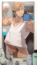 Rule 34 | 1boy, bara, bottomless, bulge, camera, erection, erection under clothes, facial hair, flexing, male focus, mirror image, muscular, nikuo (29niku), penis, phone, presenting, reflection, selfie, smile, solo, steam, testicles