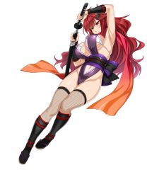 Rule 34 | 1girl, armpits, breasts, cle masahiro, full body, holding, holding sword, holding weapon, kisaragi setsuna, large breasts, long hair, navel, obi, official art, red eyes, red hair, sash, sheath, simple background, solo, sword, thighhighs, unsheathing, valkyrie drive, valkyrie drive -siren-, weapon, white background