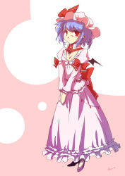 Rule 34 | 1girl, bat wings, blue hair, bow, dress, flat chest, futatsuki hisame, hat, red eyes, remilia scarlet, short hair, solo, touhou, v arms, wings