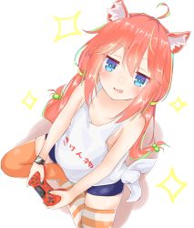 Rule 34 | 1girl, absurdres, animal ear fluff, animal ears, asymmetrical legwear, bike shorts, blue eyes, cat ears, clothes writing, controller, from above, game controller, hair bobbles, hair ornament, highres, hinata channel, holding, long hair, looking up, mismatched legwear, nekomiya hinata, orange thighhighs, pink hair, shorts, sitting, smile, solo, striped clothes, striped thighhighs, thighhighs, twintails, vest, virtual youtuber, white vest, yato (ssgs59)