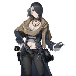 Rule 34 | 1girl, belt, belt buckle, blue hair, breasts, brown eyes, buckle, character request, cleavage, collar, cross scar, denim, desert eagle, dollar sign, earrings, frilled sleeves, frills, game cg, gas mask, girls&#039; frontline 2: exilium, gloves, gun, hair over one eye, handgun, holding, holding gun, holding weapon, holster, holstered, jeans, jewelry, long hair, mask, navel, necklace, official art, pants, scar, scar on face, scar on forehead, shawl, solo, third-party source, weapon, white background