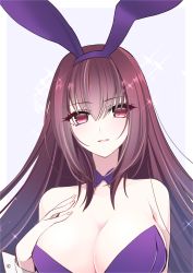 Rule 34 | 1girl, bare shoulders, blush, breasts, cleavage, collarbone, detached collar, eyelashes, fate/grand order, fate (series), highres, large breasts, leotard, long hair, looking at viewer, official alternate costume, parted lips, playboy bunny, purple hair, purple leotard, red eyes, scathach (fate), scathach (piercing bunny) (fate), simple background, smile, sparkle, suzukimadaka, white background