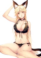 Rule 34 | 1girl, :o, animal ear fluff, animal ears, arm support, arm up, barefoot, black bra, black panties, blonde hair, bra, breasts, cat ears, cat girl, cat tail, choker, cleavage, front-tie bra, genderswap, genderswap (mtf), hand on own ear, izumi kouhei, jewelry, jitome, lace, lace-trimmed bra, lace trim, large breasts, long hair, looking at viewer, navel, panties, pepper fever, ring, side-tie panties, simple background, sitting, solo, tail, underboob, underwear, white background, world trigger, yellow eyes