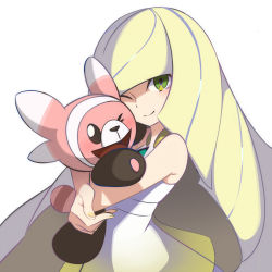 Rule 34 | ;d, animal, bare shoulders, blonde hair, blush, creatures (company), dress, game freak, gen 7 pokemon, green eyes, highres, holding, holding animal, holding to chest, hug, long hair, looking at viewer, lusamine (pokemon), multicolored hair, nail polish, nintendo, one eye closed, open mouth, pokemon, pokemon (creature), pokemon sm, simple background, smile, streaked hair, stufful, suke (158628), upper body, very long hair, white background, white dress, yellow nails