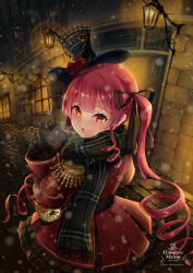 Rule 34 | 1girl, absurdres, anchor symbol, arms up, artist name, black gloves, black skirt, breath, building, character name, city, coat, cobblestone, commentary request, cowboy shot, epaulettes, fisheye, gloves, gothic lolita, hair ribbon, hat, heterochromia, highres, hololive, houshou marine, lamppost, lolita fashion, long hair, looking at viewer, looking back, mini hat, mini top hat, night, open mouth, plaid, plaid scarf, pocket watch, red coat, red eyes, red hair, ribbon, roman numeral, saku39 (skb318), scarf, short hair with long locks, skirt, snowing, solo, standing, top hat, twintails, very long hair, virtual youtuber, watch, yellow eyes