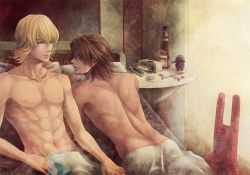 Rule 34 | 10s, 2boys, abs, back, barnaby brooks jr., bed, bed sheet, blonde hair, blue eyes, bottle, brown eyes, brown hair, computer, condom, glasses, jewelry, kaburagi t. kotetsu, male focus, multiple boys, muscular, necklace, nipples, nude, pectorals, pectorals, pillow, sitting, stuffed toy, tiger &amp; bunny, tissue, tissue box, yaoi