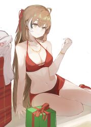 Rule 34 | absurdres, bikini, box, brown hair, chain, christmas, earrings, gift, gift box, gold bracelet, gold chain, highres, hololive, hololive english, jewelry, long hair, nanashi mumei, on floor, ribbon, swimsuit, virtual youtuber, white background, yellow eyes