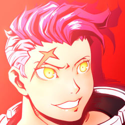 Rule 34 | 1girl, :d, close-up, open mouth, overwatch, overwatch 1, pink hair, portrait, red background, scar, scar across eye, scar on face, short hair, sijia wang, simple background, smile, solo, yellow eyes, zarya (overwatch)