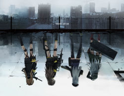 Rule 34 | 404 (girls&#039; frontline), 4girls, arm up, armlet, bag, barbed wire, belt pouch, beret, black footwear, black headwear, black jacket, black skirt, boots, brown hair, chain-link fence, city, comic, commentary, day, different reflection, english commentary, english text, facing away, fence, fog, from behind, g11 (girls&#039; frontline), girls&#039; frontline, green footwear, green jacket, gun, h&amp;k ump, hand on own head, hat, highres, hk416 (girls&#039; frontline), holding, holding bag, holding gun, holding weapon, hood, hood down, jacket, kisetsu, knee boots, kneepits, light brown hair, long hair, long sleeves, looking at viewer, looking back, miniskirt, multiple girls, outdoors, pleated skirt, pouch, rain, red footwear, reflection, rooftop, ruins, silver hair, skirt, standing, straight hair, thigh strap, thighhighs, twintails, ump45 (girls&#039; frontline), ump9 (girls&#039; frontline), weapon, weapon bag, zettai ryouiki