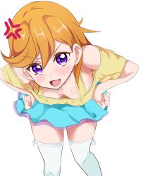 Rule 34 | 1girl, anger vein, bare shoulders, blush, breasts, cleavage, downblouse, eine (ein-faust), female focus, hands on own hips, highres, leaning forward, long hair, looking at viewer, love live!, love live! superstar!!, medium breasts, no bra, open mouth, orange hair, purple eyes, shibuya kanon, simple background, skirt, smile, standing, thighhighs, white background