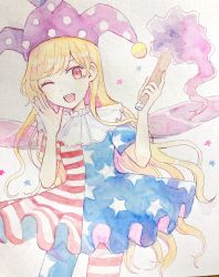Rule 34 | 1girl, american flag dress, american flag legwear, blonde hair, blue dress, blue pants, clownpiece, dress, fairy wings, fire, hands up, hat, highres, jester cap, long hair, looking at viewer, mozukuzu (manukedori), multicolored clothes, multicolored dress, multicolored pants, one eye closed, open mouth, pants, pantyhose, pink eyes, polka dot, purple fire, purple hat, red dress, red pants, short sleeves, simple background, smile, solo, standing, star (symbol), star print, starry background, striped clothes, striped dress, striped pants, teeth, tongue, torch, touhou, traditional media, white background, white dress, white pants, wings