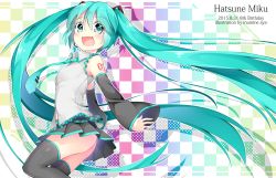 Rule 34 | 00s, 10s, 1girl, 2015, aqua eyes, aqua hair, artist name, ass, character name, checkered background, cowboy shot, dated, detached sleeves, from side, happy birthday, hatsune miku, headset, inumine aya, long hair, matching hair/eyes, necktie, no panties, open mouth, skirt, solo, tattoo, thighhighs, twintails, very long hair, vocaloid
