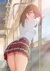 Rule 34 | 1girl, against door, ass, blush, bra visible through clothes, breast press, brown eyes, brown hair, cowboy shot, from behind, from below, furuyama itaru, gluteal fold, leaning forward, long hair, looking at viewer, looking back, miniskirt, necktie, original, plaid, plaid necktie, plaid skirt, school uniform, see-through, shirt, shirt tucked in, short sleeves, skirt, solo, thighs, train interior, wet, wet clothes, wet shirt, white shirt