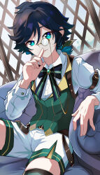 1boy absurdres alternate_costume aqua_eyes aqua_hair belt black_bow black_bowtie black_hair black_ribbon bow bowtie braid brown_belt closed_mouth genshin_impact glasses gradient_hair green_vest highres lkari_shi long_sleeves looking_at_viewer male_focus multicolored_hair ribbon round_eyewear semi-rimless_eyewear shirt shorts smile solo thighhighs tongue twin_braids venti_(genshin_impact) vest white_shirt white_shorts