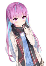 Rule 34 | 1girl, absurdres, ahoge, black scarf, blue cardigan, blue hair, blush, braid, cardigan, closed mouth, colored inner hair, commentary request, fuyuki030, hair down, hand up, highres, hololive, jacket, long hair, long sleeves, looking at viewer, minato aqua, multicolored hair, open clothes, open jacket, pink hair, plaid, plaid scarf, purple eyes, scarf, shirt, simple background, solo, two-tone hair, very long hair, virtual youtuber, white background, white jacket, white shirt