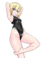 Rule 34 | 1girl, absurdres, armpits, arms behind head, blonde hair, competition swimsuit, covered navel, cowboy shot, erica hartmann, grey eyes, grin, groin, highres, looking at viewer, one-piece swimsuit, short hair, simple background, smile, solo, standing, standing on one leg, strike witches, swimsuit, white background, world witches series, yuusha