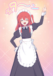 Rule 34 | 1girl, apron, arm up, asicah, black dress, blush, bocchi the rock!, censored, censored gesture, closed eyes, collared shirt, dress, facing viewer, feet out of frame, flat chest, highres, juliet sleeves, kita ikuyo, long hair, long sleeves, maid headdress, middle finger, mosaic censoring, one side up, open mouth, puffy sleeves, red hair, shirt, smile, solo, sparkle, standing, waist apron