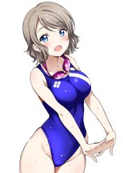 Rule 34 | 10s, 1girl, blue eyes, blue one-piece swimsuit, blush, breasts, brown hair, competition swimsuit, cowboy shot, glasses, goggles, goggles around neck, grey hair, highres, interlocked fingers, looking at viewer, love live!, love live! sunshine!!, medium breasts, one-piece swimsuit, open mouth, sankuro (agoitei), short hair, simple background, smile, solo, swimsuit, watanabe you, wet, wet clothes, wet hair, wet swimsuit, white background