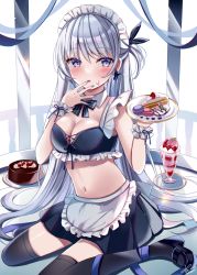 Rule 34 | 1girl, apron, bare shoulders, black footwear, black shirt, black skirt, black thighhighs, blue eyes, bow, bowtie, breasts, cake, cake slice, cleavage, commentary request, crop top, detached collar, finger to mouth, food, frilled shirt, frills, hand up, holding, long hair, looking at viewer, maid, maid apron, maid headdress, medium breasts, midriff, miniskirt, navel, one side up, original, plate, pleated skirt, revealing clothes, sakura hiyori, shirt, shoes, silver hair, sitting, skirt, sleeveless, sleeveless shirt, solo, thighhighs, very long hair, waist apron, wariza, wrist cuffs, zettai ryouiki
