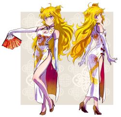 Rule 34 | 1girl, ass, blonde hair, breasts, china dress, chinese clothes, cleavage, cleavage cutout, clothing cutout, double bun, dragon print, dress, elbow gloves, hand fan, folding fan, full body, gloves, high heels, iesupa, long hair, multiple views, purple eyes, rwby, smile, standing, white dress, white gloves, yang xiao long