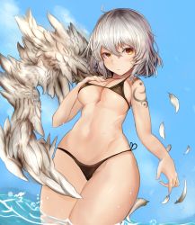 Rule 34 | 1girl, ahoge, bare arms, bare legs, bikini, black bikini, blue sky, breasts, commentary request, day, expressionless, feathered wings, feathers, halterneck, halterneck, houdukixx, kishin sagume, looking at viewer, medium breasts, orange eyes, side-tie bikini bottom, sideboob, silver hair, single wing, sky, solo, stomach, swimsuit, tattoo, thick thighs, thighs, touhou, underboob, wading, water, wings, yellow eyes