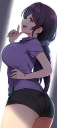 Rule 34 | 1girl, black shorts, breasts, duke (inu daimyou), green eyes, hair ornament, hair scrunchie, index finger raised, large breasts, long hair, looking at viewer, love live!, love live! school idol project, open mouth, purple hair, purple scrunchie, purple shirt, scrunchie, shirt, short sleeves, shorts, solo, t-shirt, thighs, tojo nozomi