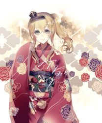 Rule 34 | 1girl, 2018, alternate costume, alternate hairstyle, aqua eyes, artist request, blonde hair, braid, commentary, cowboy shot, crown, female focus, floral background, floral print, french braid, hair between eyes, hair ornament, hairband, highres, japanese clothes, kantai collection, kimono, long sleeves, looking at viewer, mini crown, obi, ponytail, sash, sidelocks, smile, solo, warspite (kancolle), wavy hair, wide sleeves