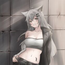 Rule 34 | 1girl, absurdres, animal ears, arknights, bandeau, breasts, cleavage, collarbone, commentary, crop top, elbow gloves, fingerless gloves, gloves, grey eyes, grey gloves, grey hair, grin, hair ornament, hairclip, highres, indoors, lappland (arknights), long hair, looking at viewer, mameppu, material growth, medium breasts, midriff, navel, off shoulder, oripathy lesion (arknights), scar, scar across eye, single bare shoulder, smile, solo, stomach, strapless, tube top, upper body, very long hair, wolf ears