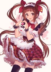 Rule 34 | 1girl, :d, apron, black thighhighs, blush, breasts, brown eyes, brown hair, chobi (penguin paradise), collar, commentary request, detached collar, frilled apron, frilled skirt, frills, hair ribbon, hands up, heart, heart hands, highres, idolmaster, idolmaster million live!, long hair, looking at viewer, maid headdress, matsuda arisa, open mouth, plaid, plaid skirt, puffy short sleeves, puffy sleeves, red neckwear, red ribbon, red skirt, ribbon, shirt, short sleeves, sidelocks, skirt, small breasts, smile, solo, star (symbol), star print, thighhighs, twintails, very long hair, waist apron, white apron, white collar, white shirt, wing collar, wrist cuffs
