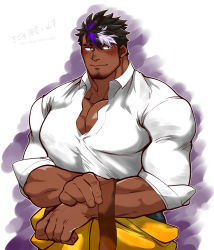 Rule 34 | 1boy, apron, bara, beard, black eyes, black hair, dark-skinned male, dark skin, eyebrow cut, facial hair, highres, kizami nori to yamaimo, large pectorals, lilac (live a hero), live a hero, multicolored hair, muscular, muscular male, partially unbuttoned, pectoral cleavage, pectorals, purple hair, shirt, short hair, sideburns, simple background, sleeves rolled up, smile, solo, streaked hair, thick eyebrows, twitter username, undressing, upper body, white hair, white shirt