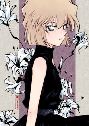 Rule 34 | 1girl, alternate costume, artist name, bare shoulders, black dress, brown hair, closed mouth, commentary request, dress, expressionless, floral print, flower, formal, green eyes, haibara ai, highres, looking away, meitantei conan, short hair, sleeveless, sleeveless dress, solo, tonkwmy, twitter username, white flower