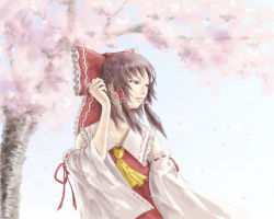 Rule 34 | 1girl, ascot, bad id, bad pixiv id, bohemian archive in japanese red, brown hair, cherry blossoms, detached sleeves, female focus, frills, gradient background, hair ornament, hair ribbon, hakurei reimu, japanese clothes, l-grey, lips, miko, nature, outdoors, petals, plant, ribbon, short hair, sky, smile, solo, touhou, tree, wide sleeves, wind