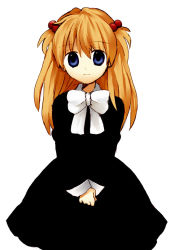 Rule 34 | 1girl, black dress, blue eyes, bow, bowtie, cowboy shot, dress, long hair, long sleeves, looking at viewer, mozu (modagoro), neon genesis evangelion, orange hair, own hands together, red hair, ribbon, simple background, solo, souryuu asuka langley, v arms, white background, white bow, white bowtie