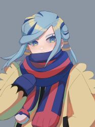 Rule 34 | 1boy, aqua eyes, aqua hair, aroma 0404, blue mittens, closed mouth, commentary request, creatures (company), game freak, grey background, grusha (pokemon), hand up, highres, jacket, long hair, long sleeves, looking to the side, male focus, mittens, nintendo, pokemon, pokemon sv, scarf, simple background, solo, striped clothes, striped scarf, upper body, yellow jacket