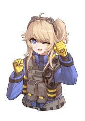 Rule 34 | 1girl, arms up, blonde hair, blue eyes, cheogtanbyeong, explosive, girls&#039; frontline 2: exilium, gloves, grenade, hair between eyes, hand grenade, headset, highres, long sleeves, military, military uniform, one eye closed, open mouth, sidelocks, simple background, smile, solo, teeth, uniform, upper body, upper teeth only, vepley (girls&#039; frontline 2), white background, yellow gloves