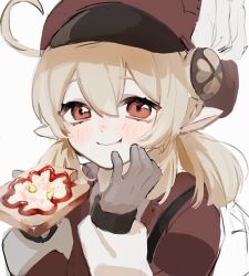 Rule 34 | 1girl, :t, ahoge, blonde hair, blush, bread, bread slice, brown gloves, cabbie hat, closed mouth, coat, commentary, eating, fish-flavored toast (genshin impact), food, genshin impact, gloves, hair between eyes, hat, hat feather, highres, hnnoo, klee (genshin impact), long sleeves, looking at viewer, low twintails, pointy ears, portrait, red coat, red eyes, red hat, simple background, smile, solo, toast, twintails, white background