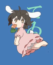 Rule 34 | 1girl, animal ears, barefoot, black hair, bloomers, blue background, blush stickers, brown eyes, carrot, character name, chibi, citrus (place), commentary request, dress, food in mouth, full body, inaba tewi, jumping, looking at viewer, medium hair, mouth hold, pink dress, rabbit ears, rabbit tail, short sleeves, simple background, solo, tail, touhou, underwear