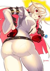 Rule 34 | 1girl, ass, bell-bottoms, bodysuit, breasts, candy, center opening, cleavage, spiked halo, fingernails over gloves, food, from below, gloves, guilty gear, guilty gear xrd, halo, huge ass, jack-o&#039; valentine, lollipop, multicolored hair, pants, pantylines, razu (rus), red eyes, thick thighs, thighs, two-tone hair, white hair