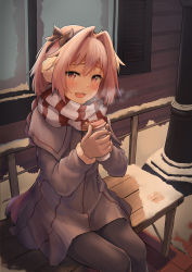 Rule 34 | 1boy, absurdres, astolfo (fate), bench, black pantyhose, black ribbon, braid, brown gloves, coffee, coffee cup, commentary request, cup, disposable cup, fang, fate/apocrypha, fate/grand order, fate (series), gloves, hair between eyes, hair ornament, hair ribbon, highres, holding, jacket, jtleeklm, long hair, male focus, pantyhose, photoshop (medium), pink hair, red scarf, revision, ribbon, scarf, sitting, skin fang, smile, snow, solo, striped clothes, striped scarf, trap, white scarf