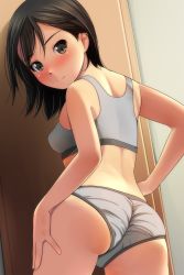 Rule 34 | 1girl, absurdres, ass, bare arms, bare shoulders, black hair, blush, bra, breasts, brown eyes, closed mouth, from behind, grey bra, grey panties, hair between eyes, hand on own hip, highres, long hair, looking at viewer, looking back, matsunaga kouyou, nose blush, original, panties, small breasts, smile, solo, training bra, underwear, underwear only