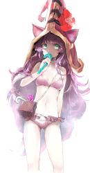 Rule 34 | 1girl, animal ears, bikini, breasts, candy, candy cane, ears through headwear, eating, flower, food, green hair, hat, hat flower, holding, holding candy, holding candy cane, holding food, joypyonn, league of legends, long hair, looking at viewer, lulu (league of legends), navel, petite, pink bikini, pouch, purple hair, simple background, small breasts, solo, swimsuit, witch hat