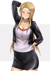 Rule 34 | 1girl, arm behind head, arm up, bad id, bad pixiv id, black jacket, black skirt, blush, breasts, brown eyes, brown hair, cleavage, closed mouth, collarbone, earrings, forehead, gobi (jtnyrwbkohiqsuldg), hand on own hip, highres, hip focus, idolmaster, idolmaster cinderella girls, jacket, jewelry, large breasts, long hair, looking at viewer, matsunaga ryo, model pose, necklace, open clothes, open jacket, parted bangs, shirt, simple background, skirt, solo, thighs, white background, white shirt