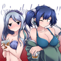 Rule 34 | 2girls, 547th sy, text background, blue hair, blush, bra, breasts, closed mouth, collarbone, cup, dated, english text, hairband, headband, highres, holding, holding cup, ice, ice cube, kantai collection, large breasts, long hair, medium breasts, multiple girls, one eye closed, ribbon, sagiri (kancolle), signature, silver hair, simple background, smile, souryuu (kancolle), twintails, underwear