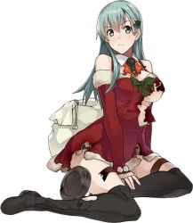 Rule 34 | 10s, 1girl, aqua eyes, aqua hair, ascot, bag, bare shoulders, black thighhighs, blush, boots, bow, bowtie, breasts, burnt clothes, christmas, detached collar, detached sleeves, dress, full body, green hair, hair ornament, hairclip, kantai collection, kneeling, konishi (koconatu), large breasts, long hair, looking at viewer, lowres, machinery, official art, panties, red dress, santa costume, short dress, sitting, sleeveless, sleeveless dress, solo, suzuya (kancolle), thigh boots, thighhighs, torn clothes, torn dress, torn thighhighs, transparent background, turret, underboob, underwear, white background, wing collar, yokozuwari