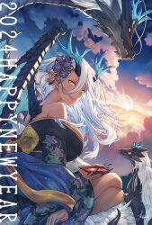 Rule 34 | 1girl, 2024, alcohol, antlers, black kimono, blue background, blue hair, blue nails, blue sky, blue wings, breasts, chinese zodiac, closed mouth, cloud, cloudy sky, crossed legs, cup, dark-skinned female, dark skin, dated, dragon, dragon girl, dragon tail, dragon wings, eastern dragon, feet out of frame, fingernails, floating hair, floral print, flower, from behind, gradient hair, hair between eyes, hair flower, hair ornament, hand up, happy new year, highres, holding, holding cup, horns, ivris, japanese clothes, kimono, large breasts, long fingernails, long hair, long sleeves, looking at viewer, looking back, multicolored hair, new year, off shoulder, original, outdoors, pointy ears, purple flower, sakazuki, sake, sharp fingernails, short eyebrows, sitting, sitting on animal, sky, slit pupils, smile, solo, star (sky), sun, sunrise, tail, white hair, wide sleeves, wings, year of the dragon, yellow eyes